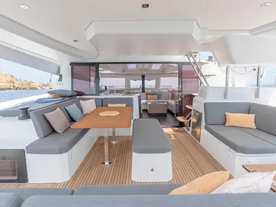 Deck of White Bird, a Fountaine Pajot Elba 45 catamaran at San Diego, United States