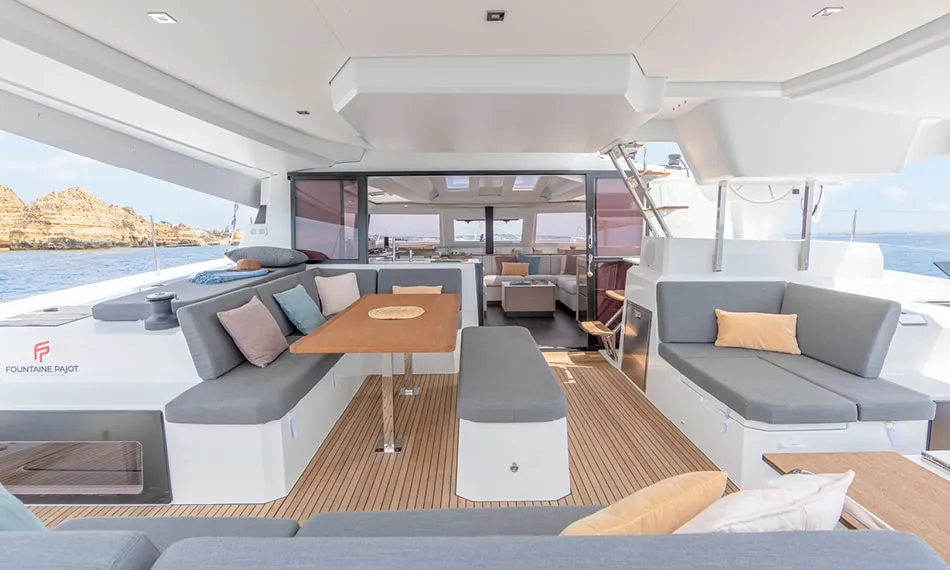 Deck of White Bird, a Fountaine Pajot Elba 45 catamaran at San Diego, United States