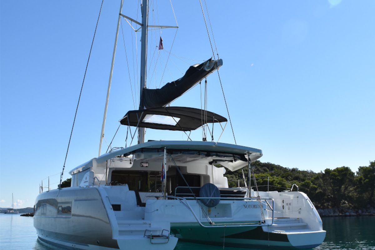 Exterior view of NOTORIOUS, a Lagoon 46 catamaran at Općina Sukošan, Croatia