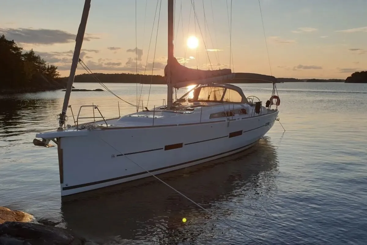 Exterior view of Silvia, a Dufour 460 Grand Large sailboat at Fisksätra, Sweden