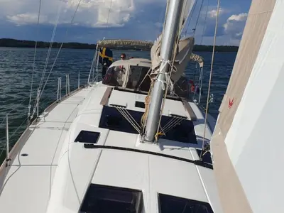 Deck of Silvia, a Dufour 460 Grand Large sailboat at Fisksätra, Sweden