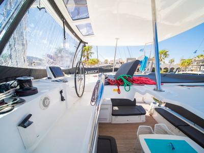 Cockpit of Lucky Dragon, a Lagoon 46 catamaran at Kos, Greece
