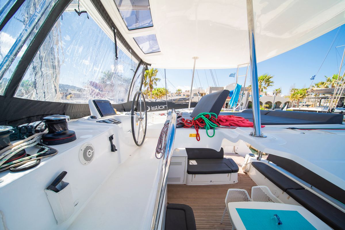 Cockpit of Lucky Dragon, a Lagoon 46 catamaran at Kos, Greece