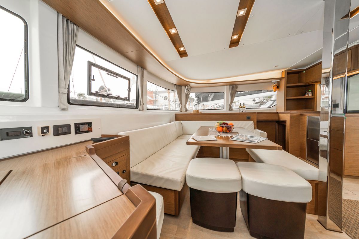 Salon of Lucky Dragon, a Lagoon 46 catamaran at Kos, Greece