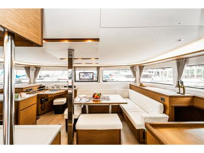 Salon of Lucky Dragon, a Lagoon 46 catamaran at Kos, Greece
