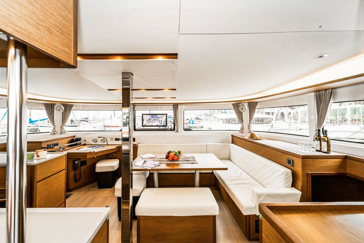 Salon of Lucky Dragon, a Lagoon 46 catamaran at Kos, Greece
