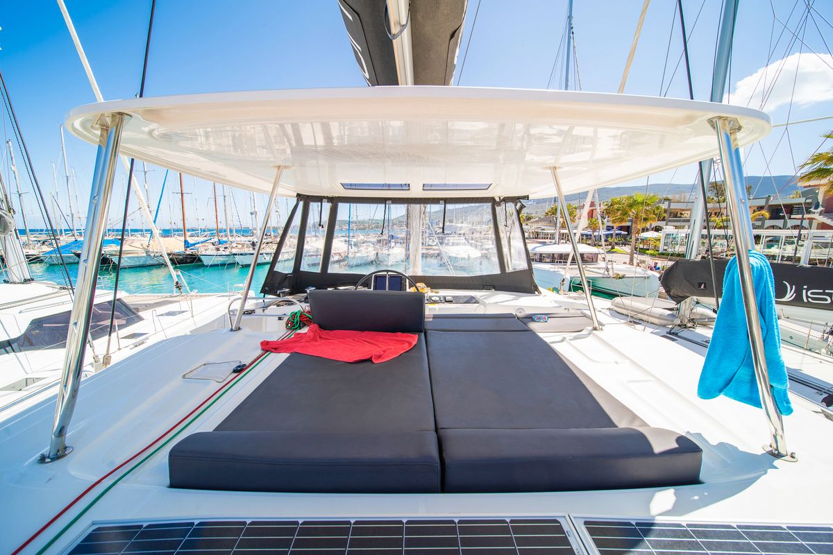 Deck of Lucky Dragon, a Lagoon 46 catamaran at Kos, Greece