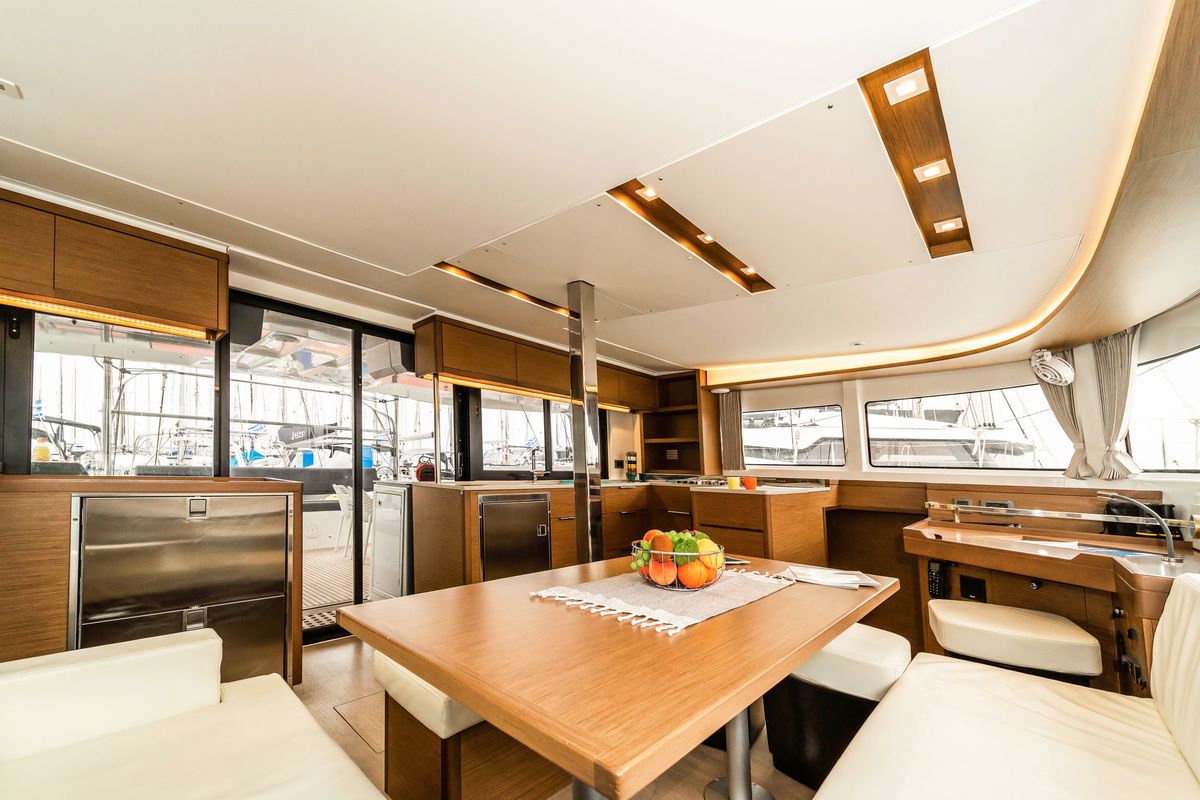 Salon of Lucky Dragon, a Lagoon 46 catamaran at Kos, Greece