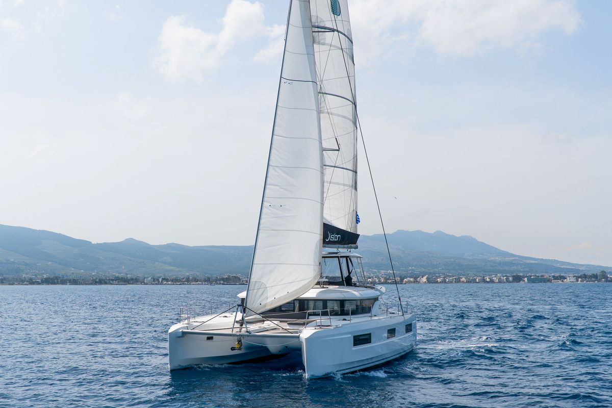 Exterior view of Lucky Dragon, a Lagoon 46 catamaran at Kos, Greece