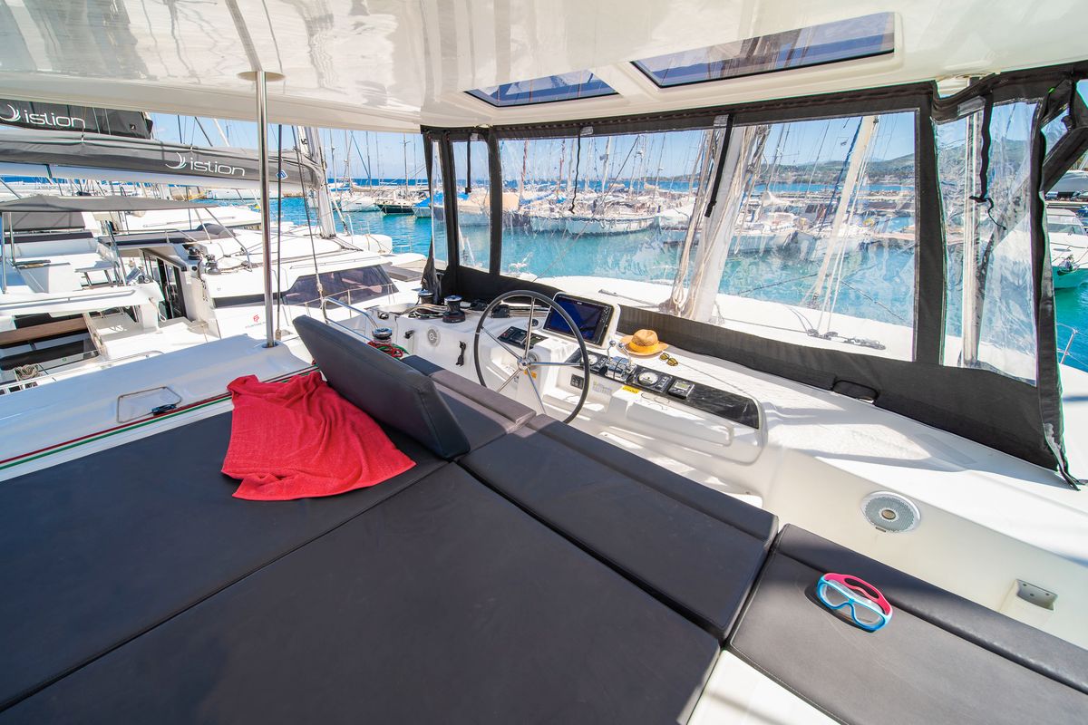 Cockpit of Lucky Dragon, a Lagoon 46 catamaran at Kos, Greece