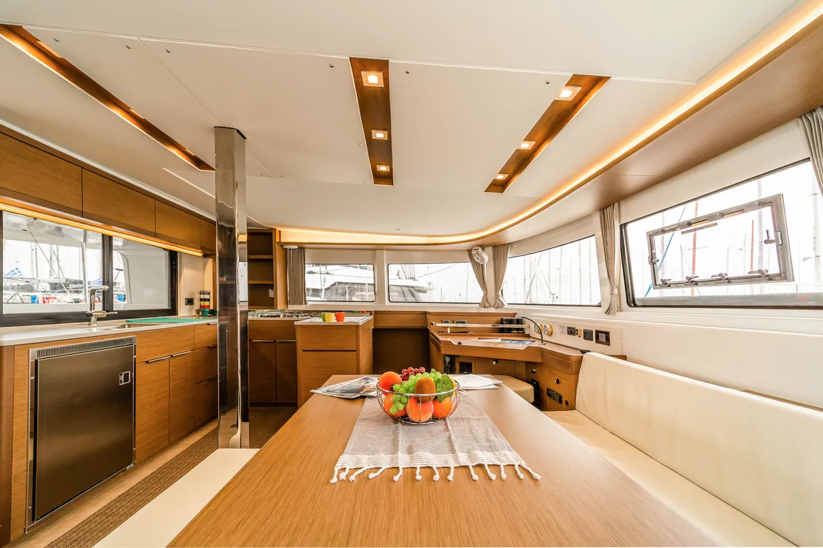 Salon of Lucky Dragon, a Lagoon 46 catamaran at Kos, Greece