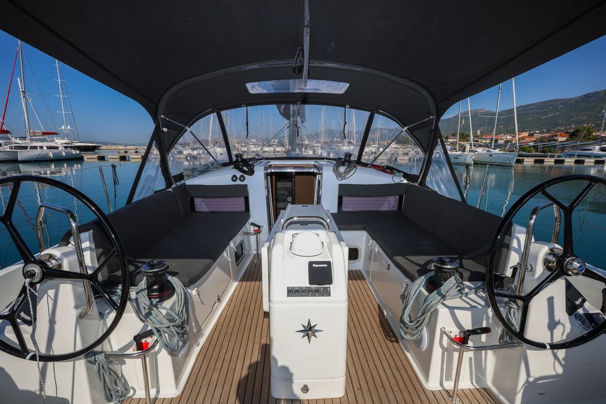 Cockpit of Dreamcatcher, a Jeanneau Sun Odyssey 440 sailboat at Grad Kaštela, Croatia