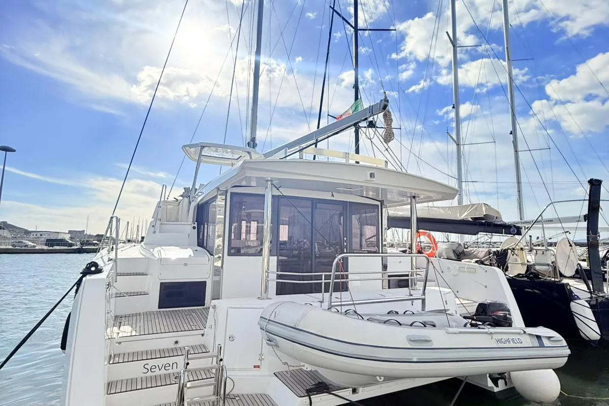 Exterior view of Seven, a Bali 4.4 catamaran at Cagliari, Italy