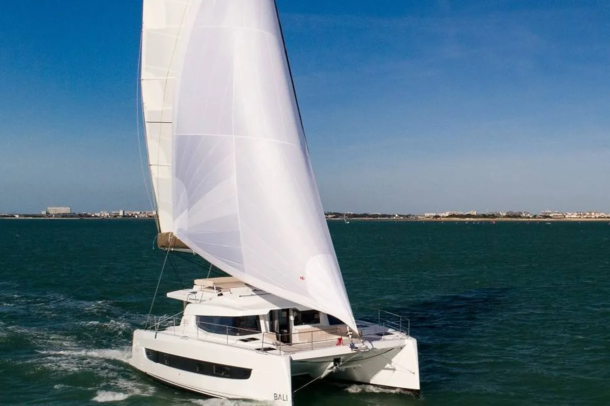 Exterior view of Seven, a Bali 4.4 catamaran at Cagliari, Italy