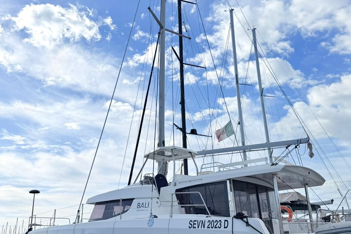 Exterior view of Seven, a Bali 4.4 catamaran at Cagliari, Italy