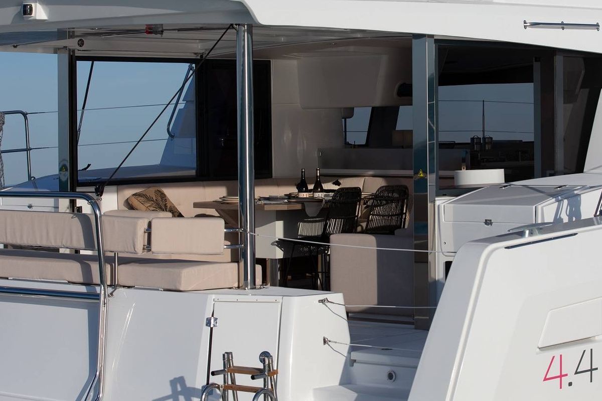 Deck of Seven, a Bali 4.4 catamaran at Cagliari, Italy