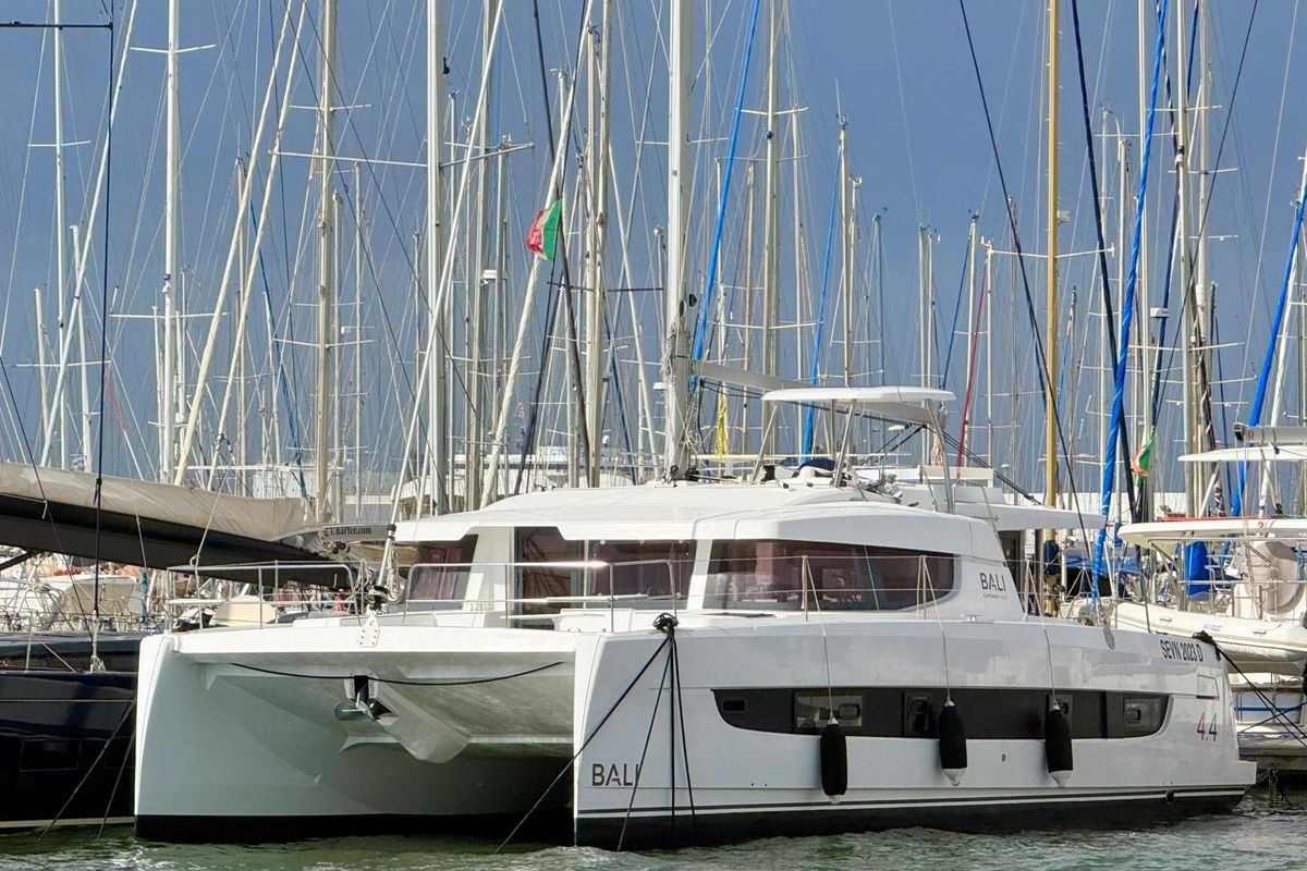 Exterior view of Seven, a Bali 4.4 catamaran at Cagliari, Italy