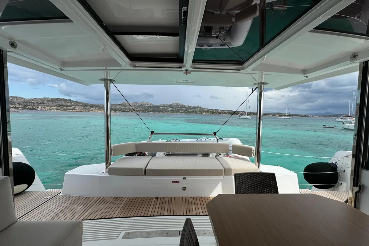Deck of Seven, a Bali 4.4 catamaran at Cagliari, Italy