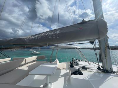 Cockpit of Seven, a Bali 4.4 catamaran at Cagliari, Italy