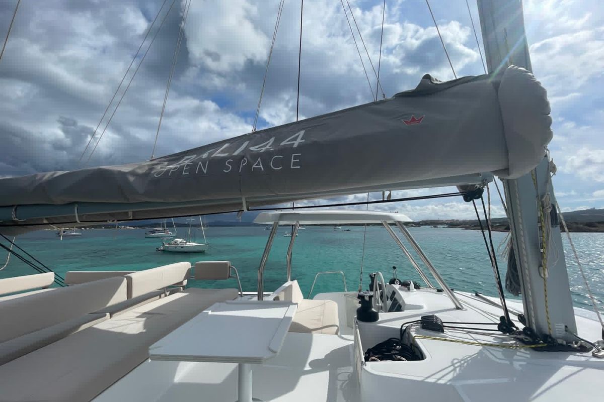 Cockpit of Seven, a Bali 4.4 catamaran at Cagliari, Italy