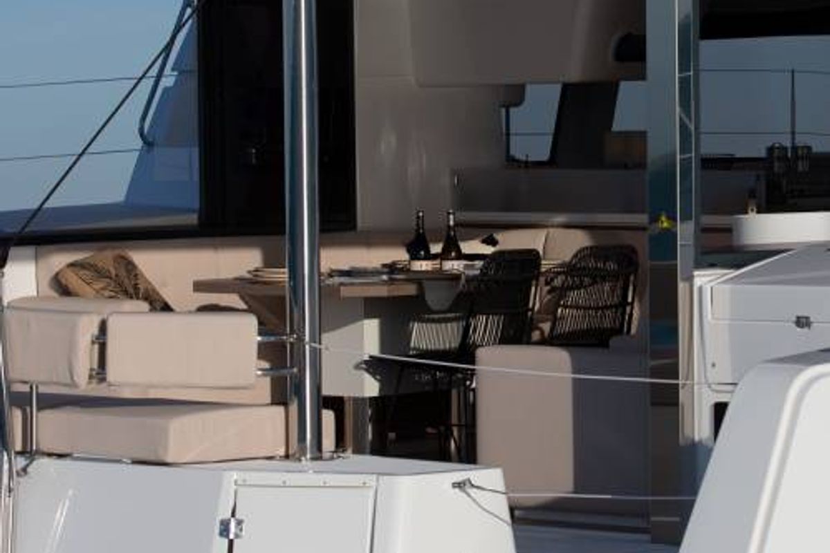 Deck of Seven, a Bali 4.4 catamaran at Cagliari, Italy