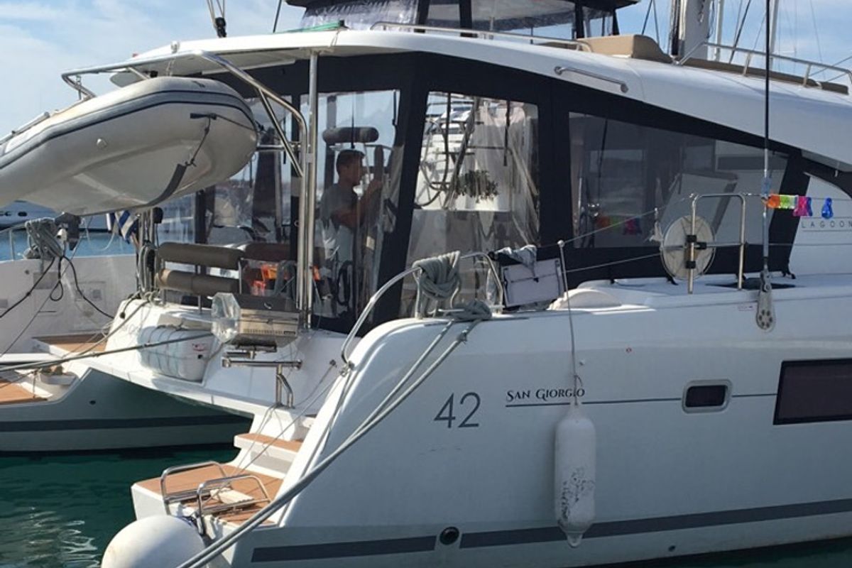Exterior view of San Giorgio, a Lagoon 42 catamaran at Municipal Unit of Lefkada, Greece