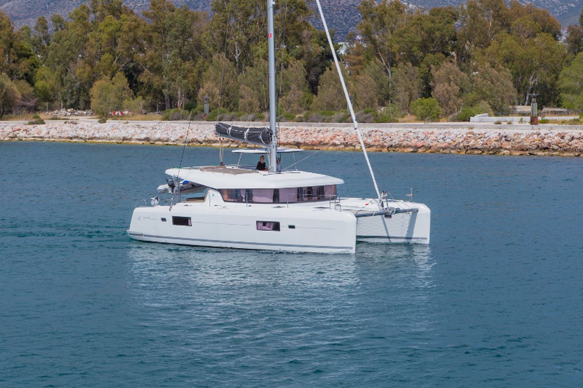 Exterior view of San Giorgio, a Lagoon 42 catamaran at Municipal Unit of Lefkada, Greece