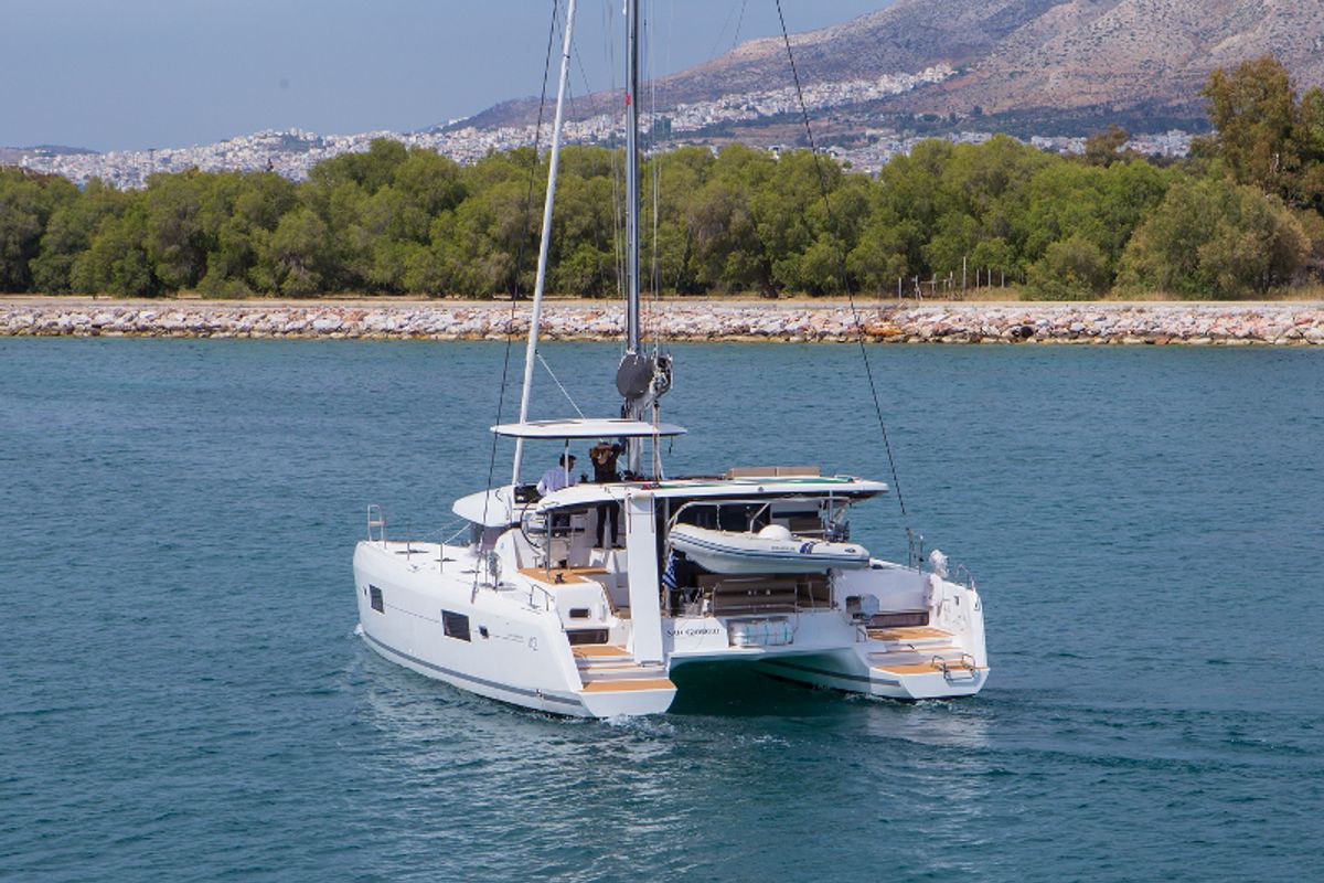 Exterior view of San Giorgio, a Lagoon 42 catamaran at Municipal Unit of Lefkada, Greece