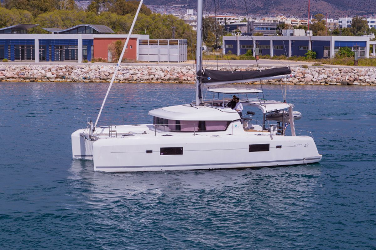 Exterior view of San Giorgio, a Lagoon 42 catamaran at Municipal Unit of Lefkada, Greece