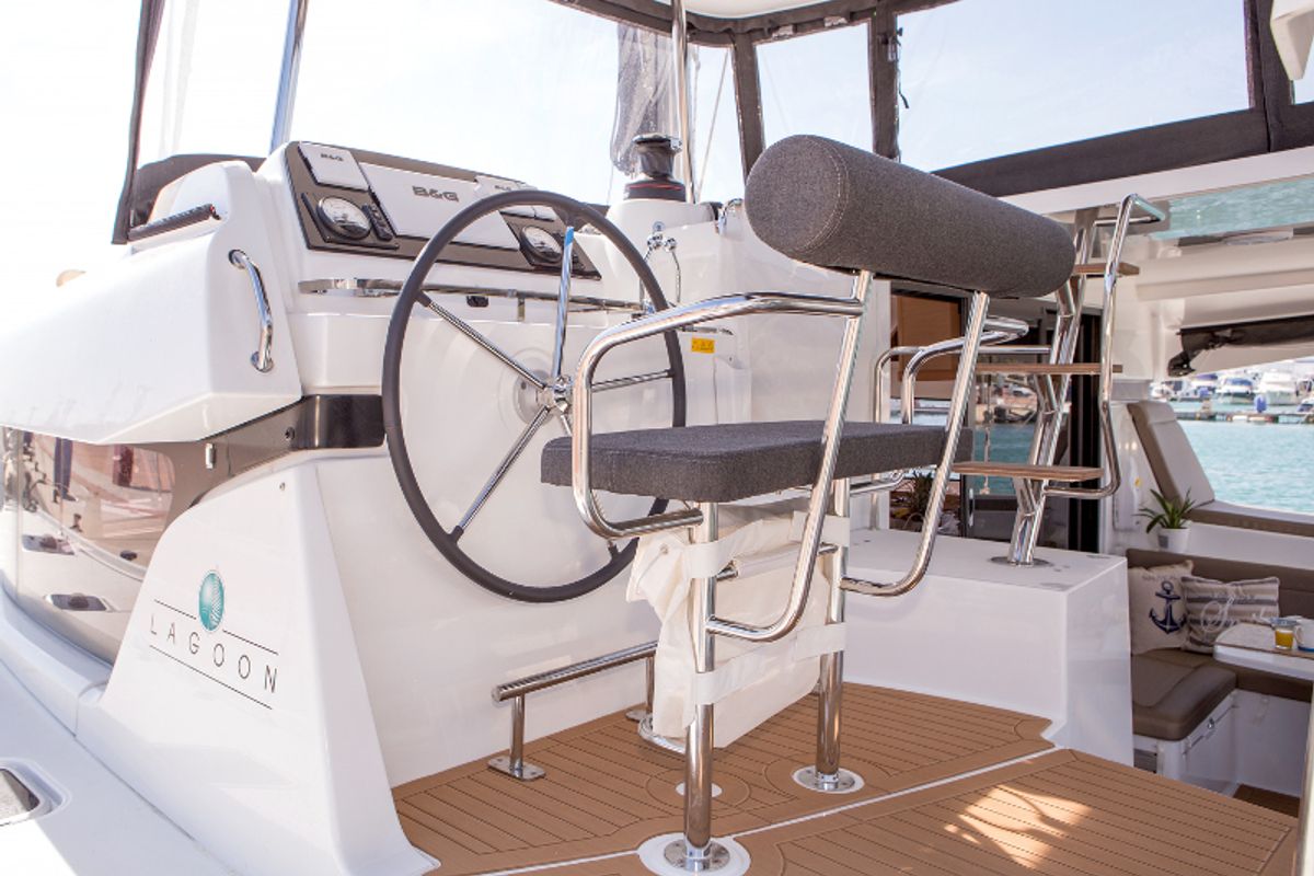 Cockpit of San Giorgio, a Lagoon 42 catamaran at Municipal Unit of Lefkada, Greece