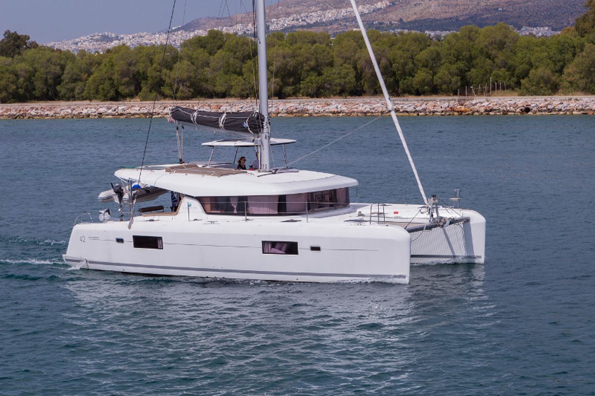 Exterior view of San Giorgio, a Lagoon 42 catamaran at Municipal Unit of Lefkada, Greece