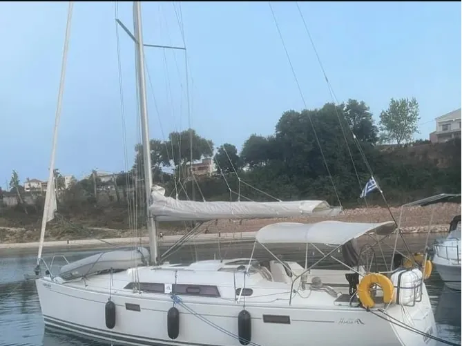 Exterior view of AF-H350, a Hanse Yachts Hanse 350 sailboat at Municipal Unit of Lefkada, Greece