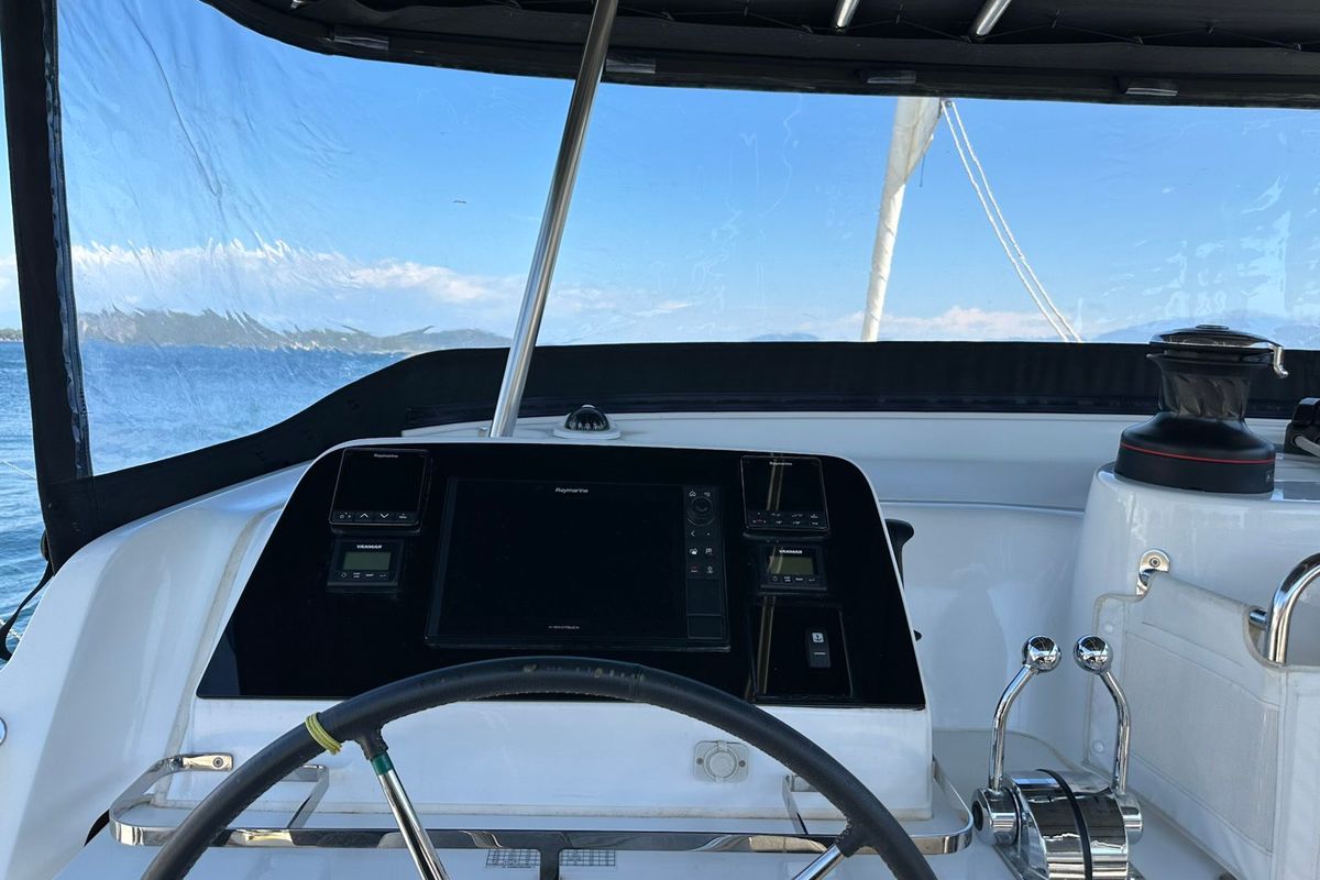 Cockpit of Magellan, a Lagoon 42 catamaran at Municipal Unit of Lefkada, Greece