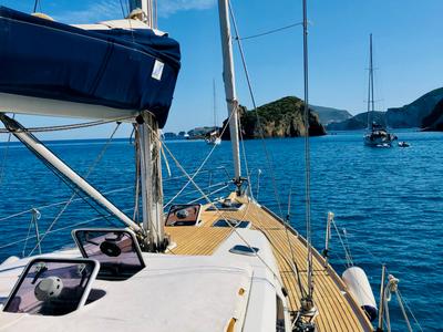 Deck of Dorean, a Dufour 450 Grand Large sailboat at Nettuno, Italy