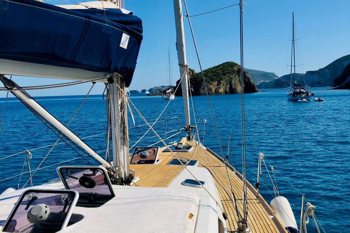 Deck of Dorean, a Dufour 450 Grand Large sailboat at Nettuno, Italy
