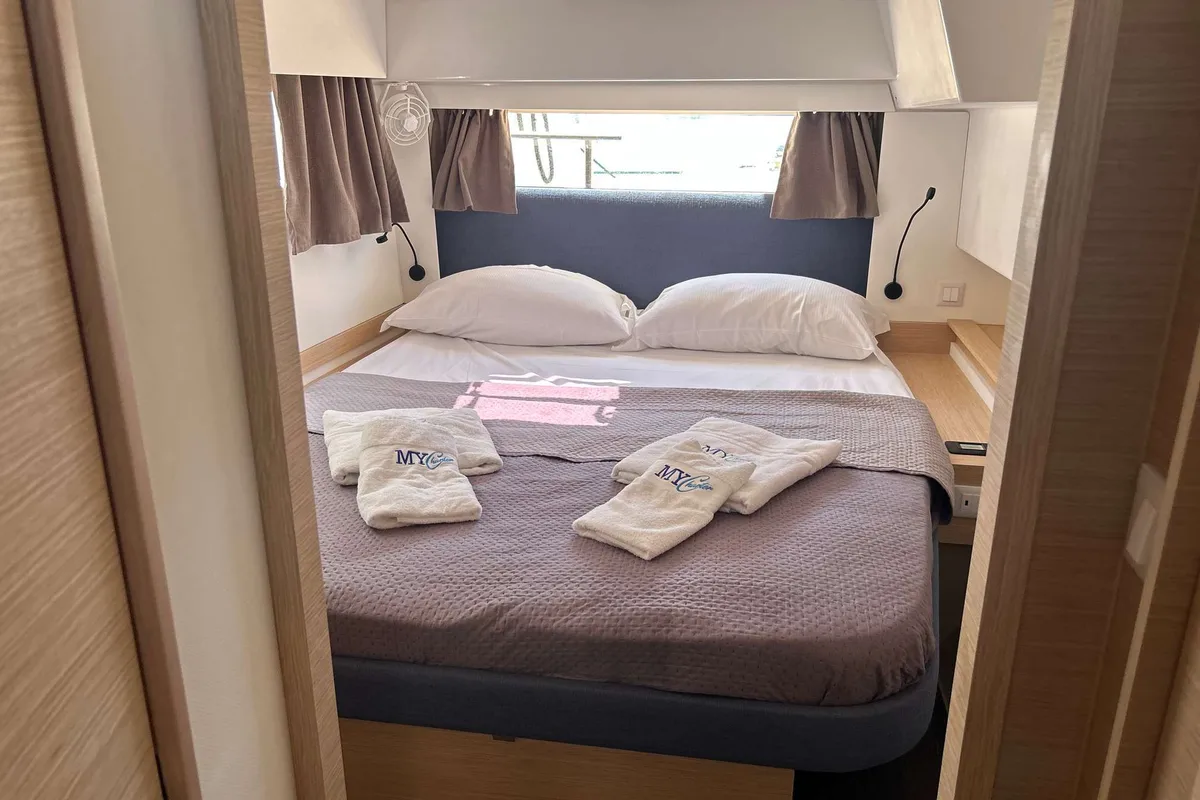 Cabin on Krug, a Fountaine Pajot Elba 45 catamaran at Salerno, Italy