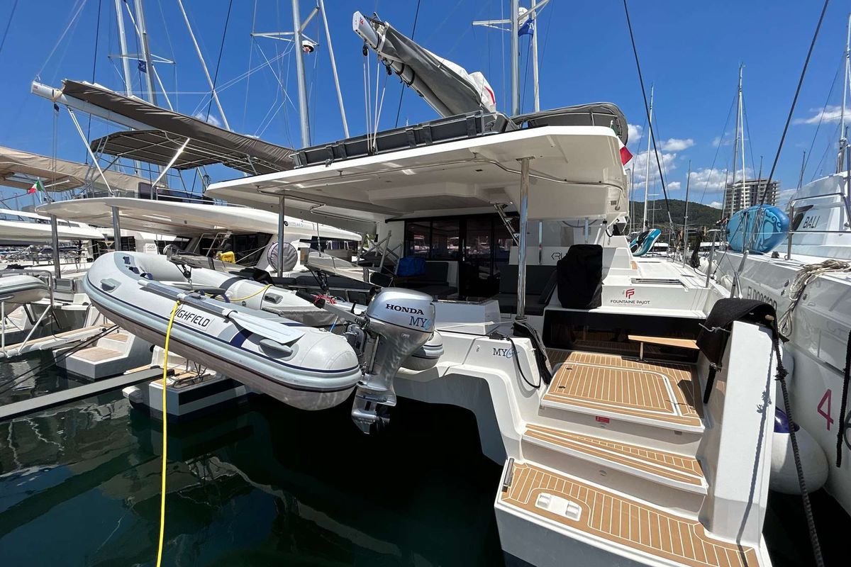 Exterior view of Krug, a Fountaine Pajot Elba 45 catamaran at Salerno, Italy