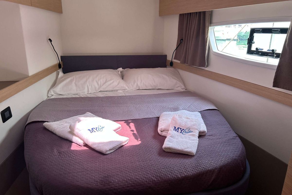 Cabin on Krug, a Fountaine Pajot Elba 45 catamaran at Salerno, Italy