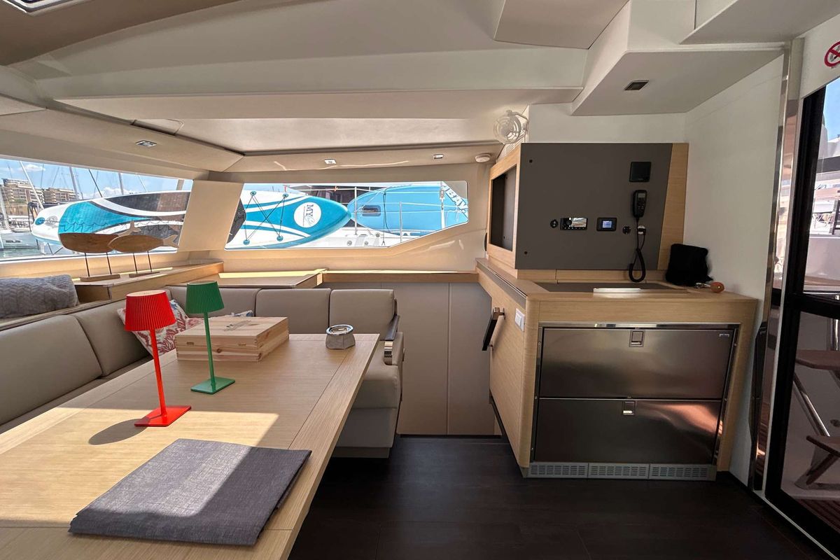 Salon of Krug, a Fountaine Pajot Elba 45 catamaran at Salerno, Italy