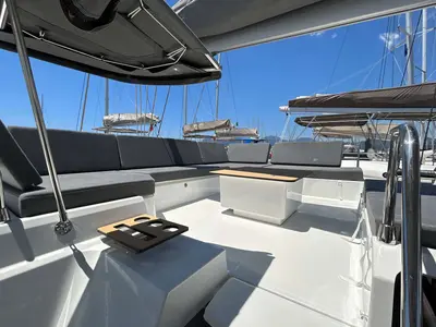Deck of Krug, a Fountaine Pajot Elba 45 catamaran at Salerno, Italy