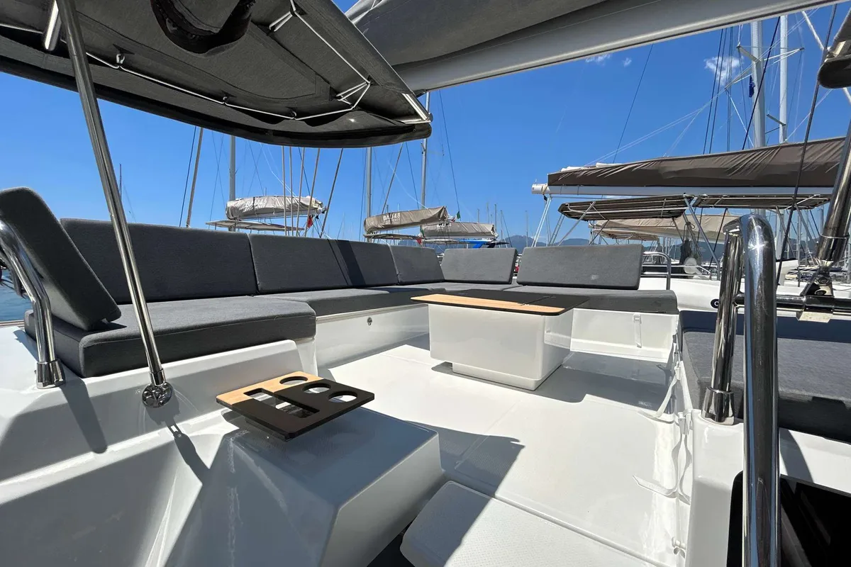 Deck of Krug, a Fountaine Pajot Elba 45 catamaran at Salerno, Italy