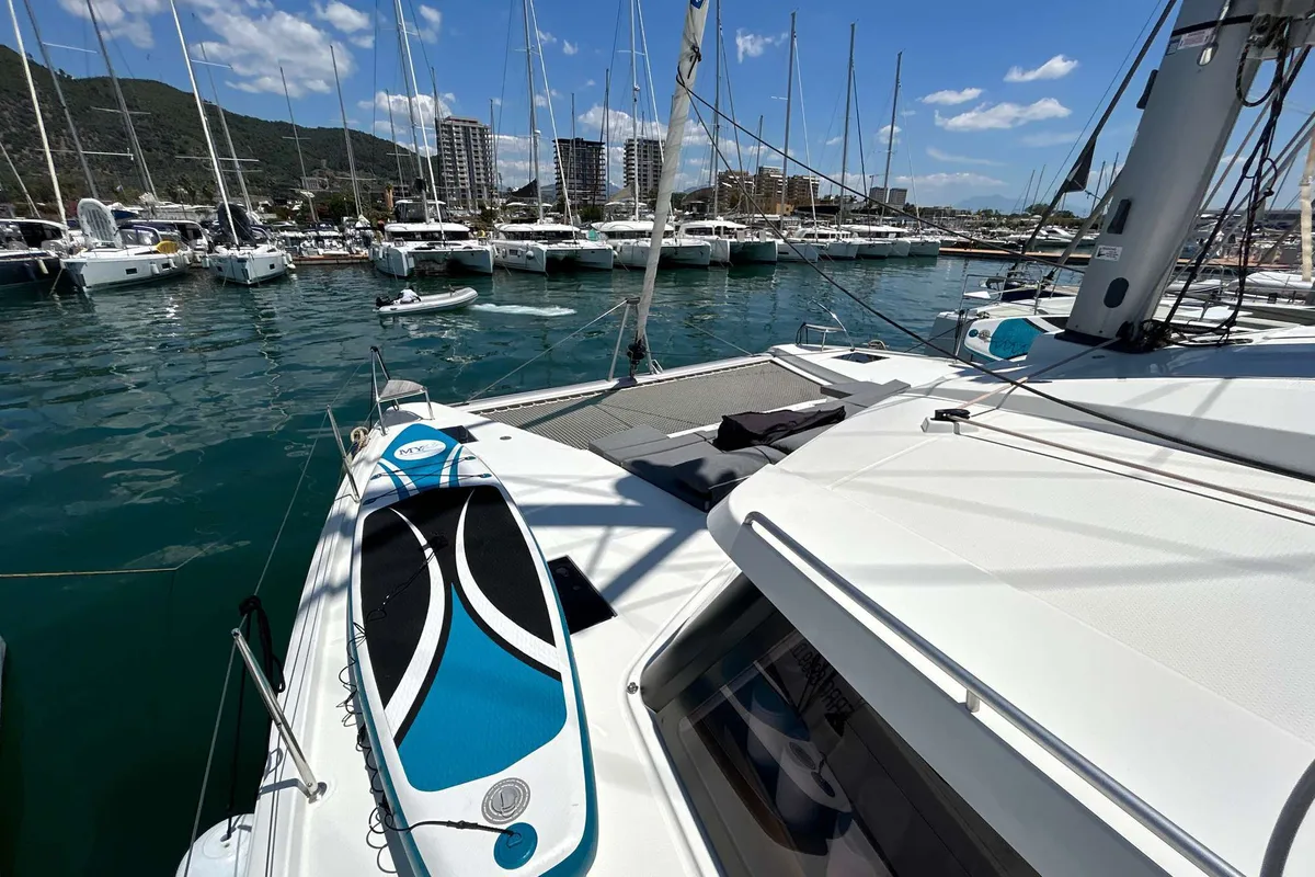 Deck of Krug, a Fountaine Pajot Elba 45 catamaran at Salerno, Italy
