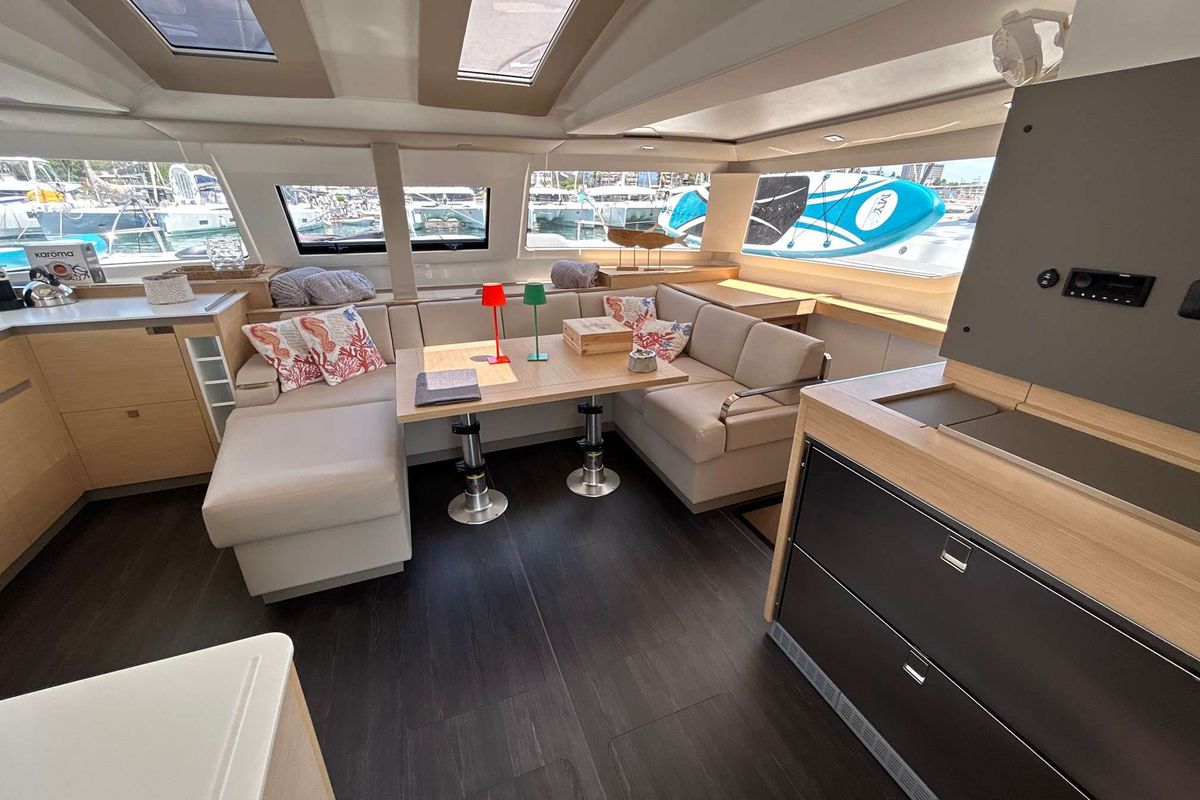 Salon of Krug, a Fountaine Pajot Elba 45 catamaran at Salerno, Italy