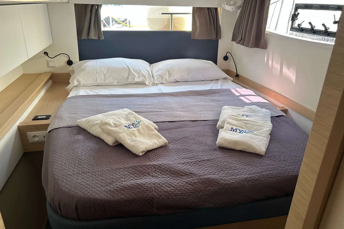 Cabin on Krug, a Fountaine Pajot Elba 45 catamaran at Salerno, Italy