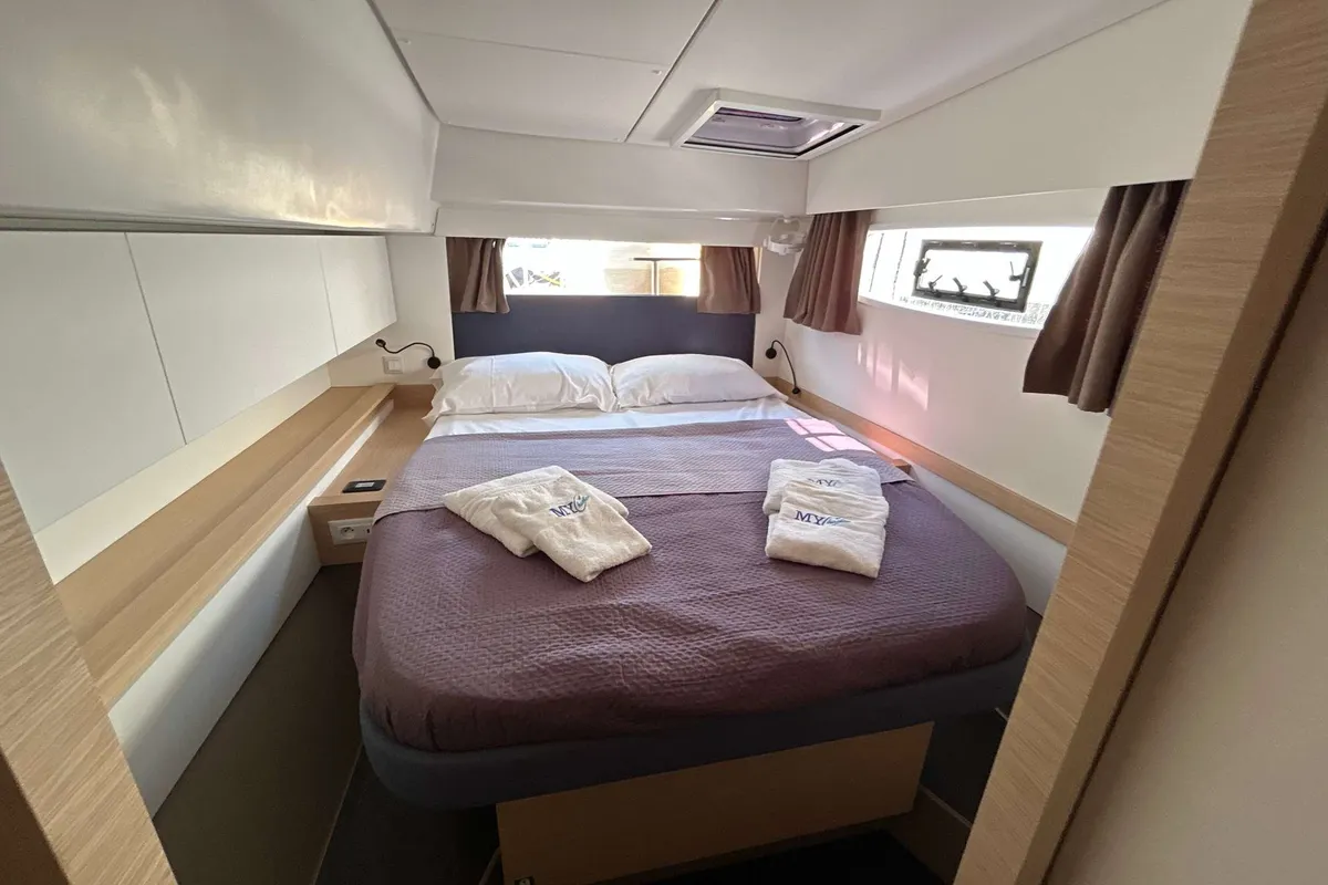Cabin on Krug, a Fountaine Pajot Elba 45 catamaran at Salerno, Italy