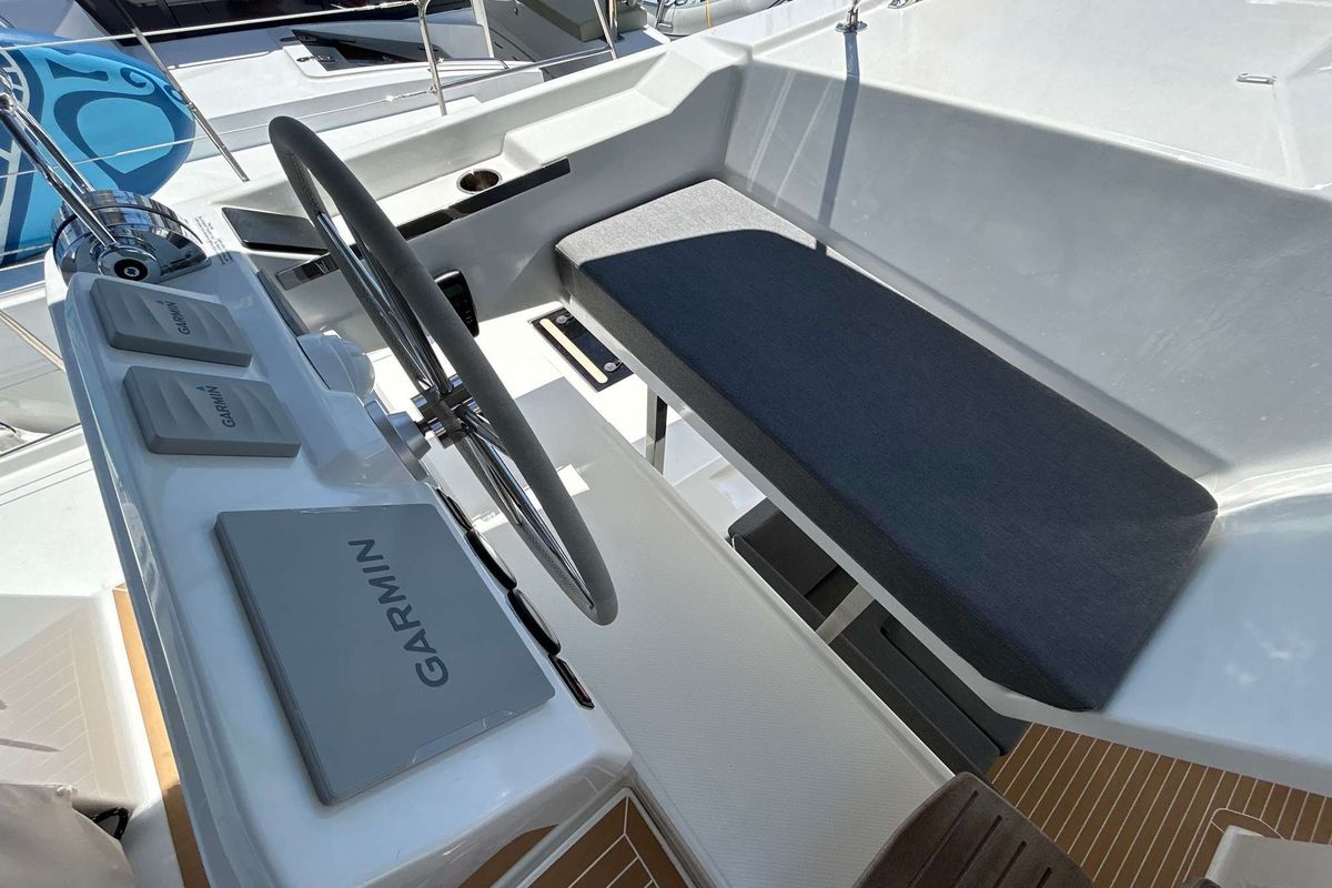 Cockpit of Krug, a Fountaine Pajot Elba 45 catamaran at Salerno, Italy