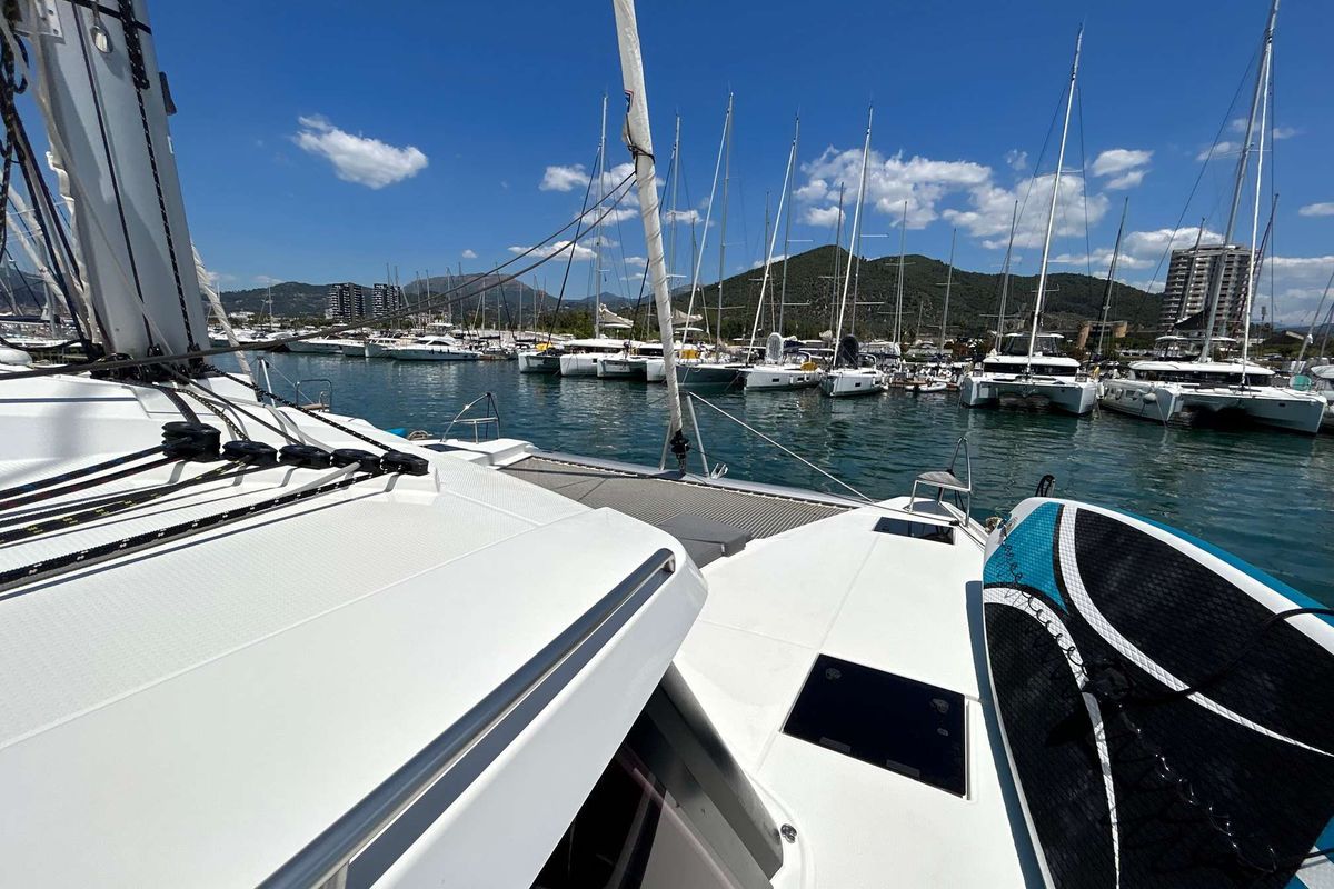 Deck of Krug, a Fountaine Pajot Elba 45 catamaran at Salerno, Italy