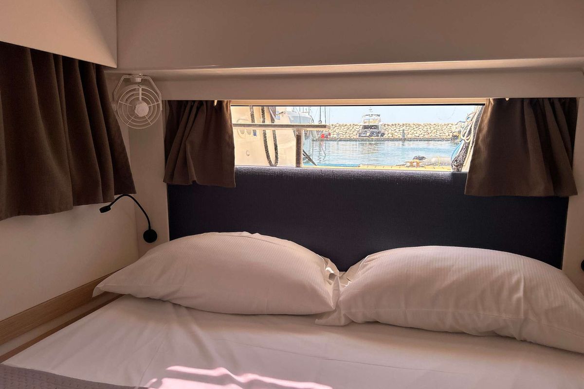 Cabin on Krug, a Fountaine Pajot Elba 45 catamaran at Salerno, Italy