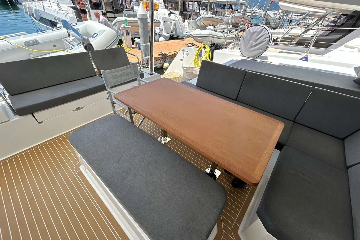 Deck of Krug, a Fountaine Pajot Elba 45 catamaran at Salerno, Italy