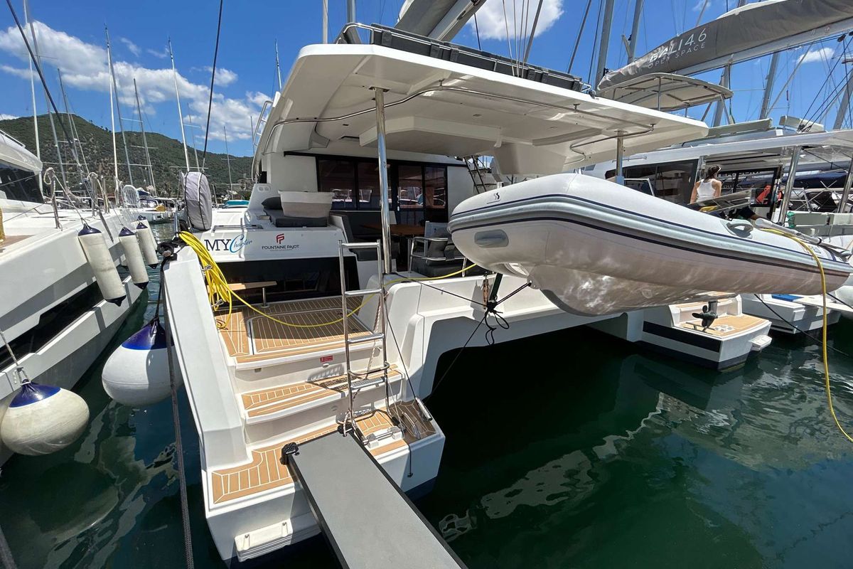 Exterior view of Krug, a Fountaine Pajot Elba 45 catamaran at Salerno, Italy